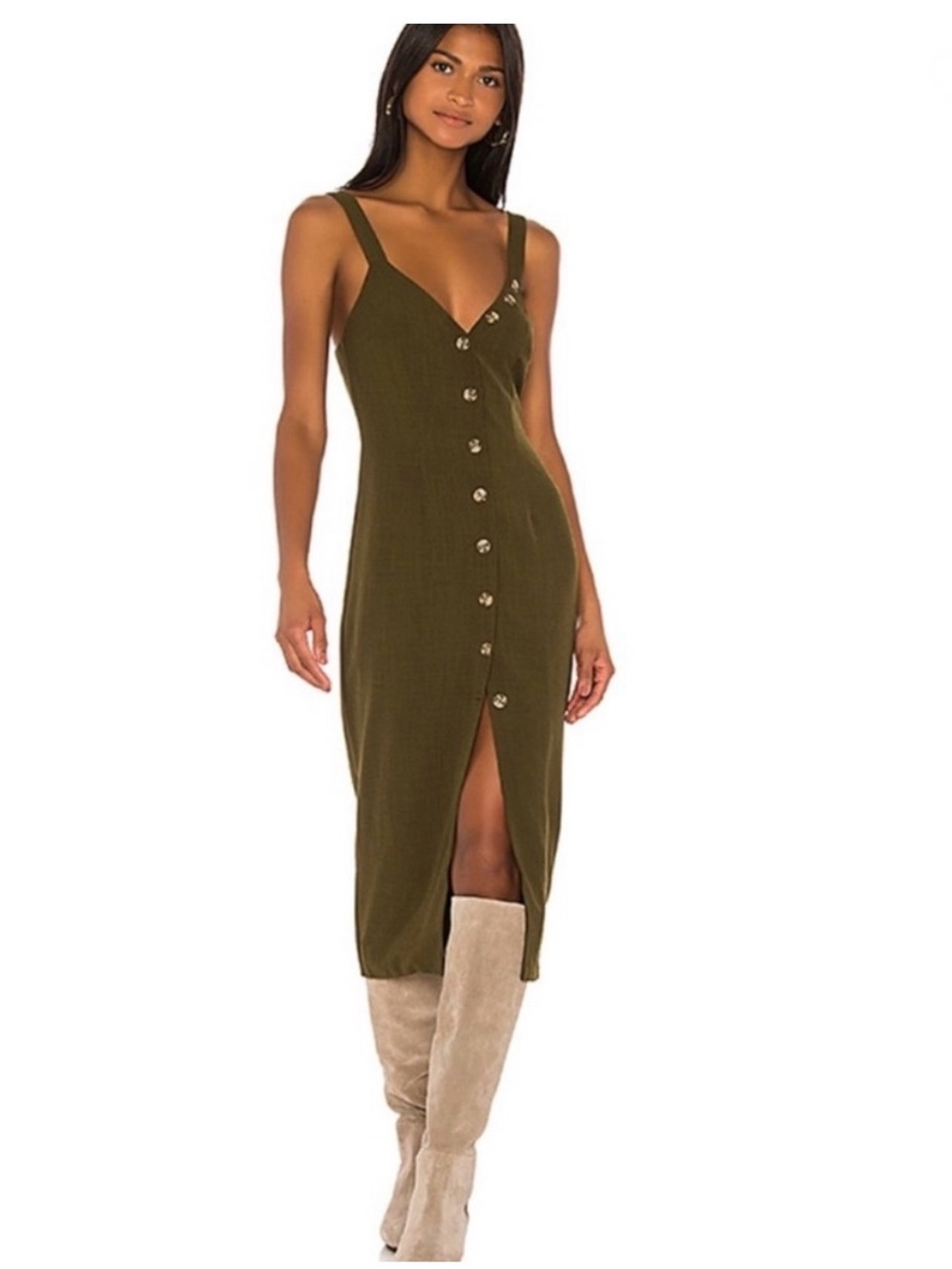 Song Of Style Dress Isla Midi Button Down in Olive Green